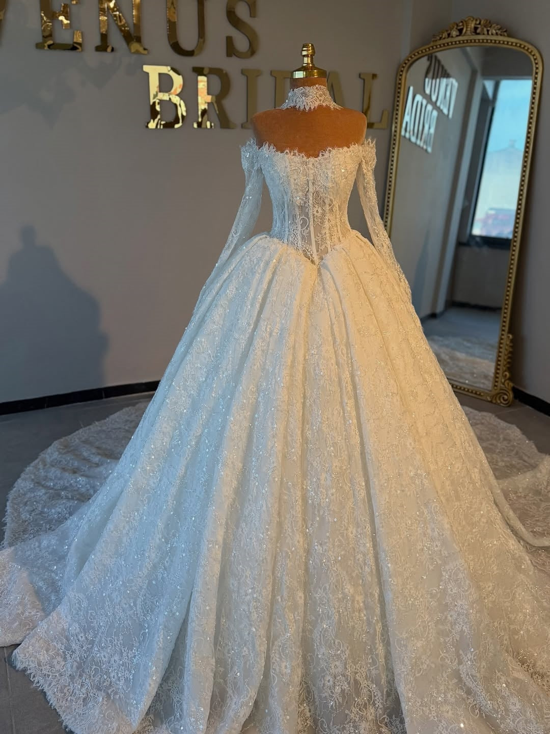 Princess Long Sheer Lace Sleeve Corset Ball Gown Wedding Dress With Sparkling Lace Fabric