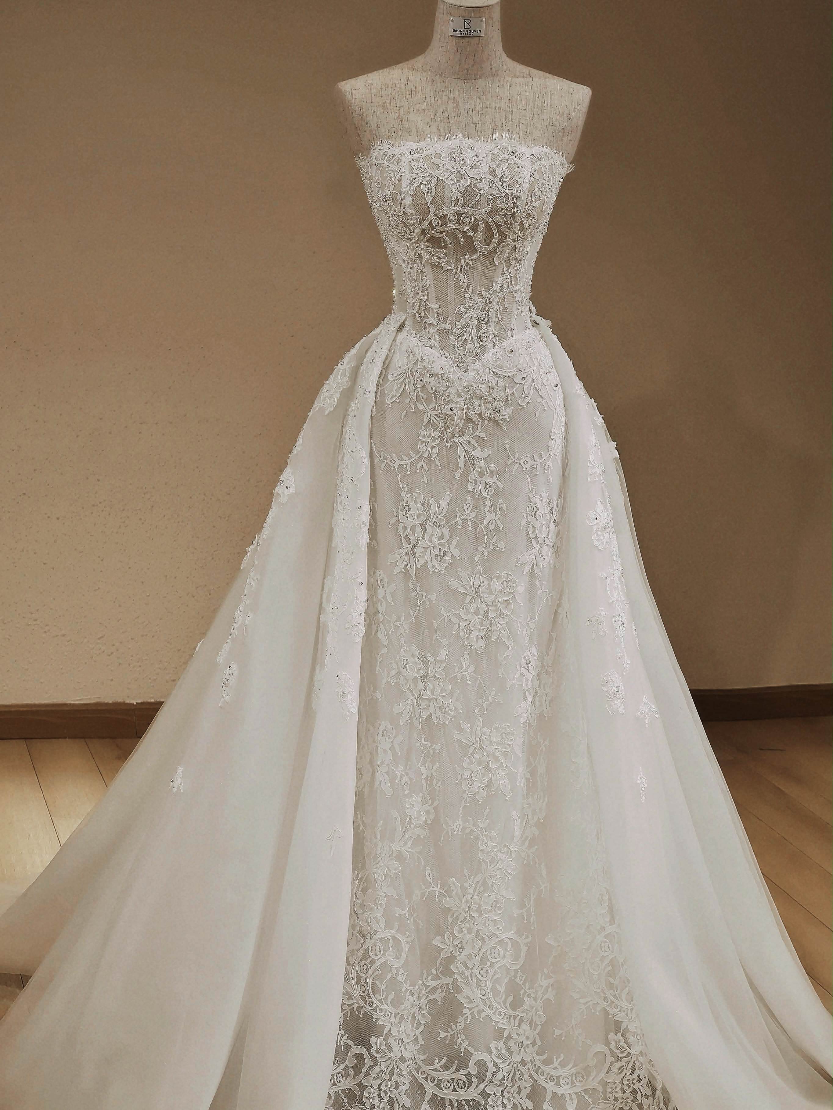 A-Line Strapless Lace Corset Lace Up Back Wedding Dress With Oversized Tulle Skirt Overlay
