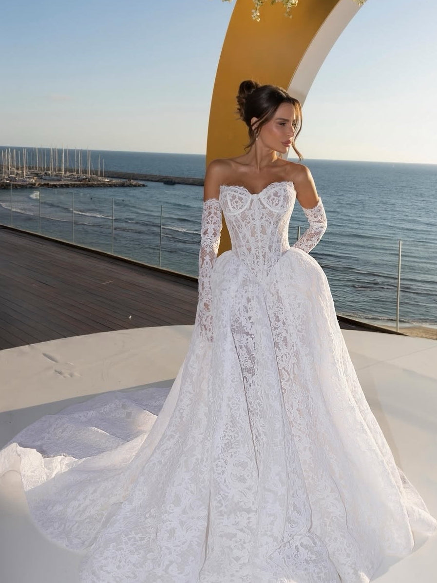 Luxury Full Lace 3/4 Sleeves Sweetheart Long Wedding Dress