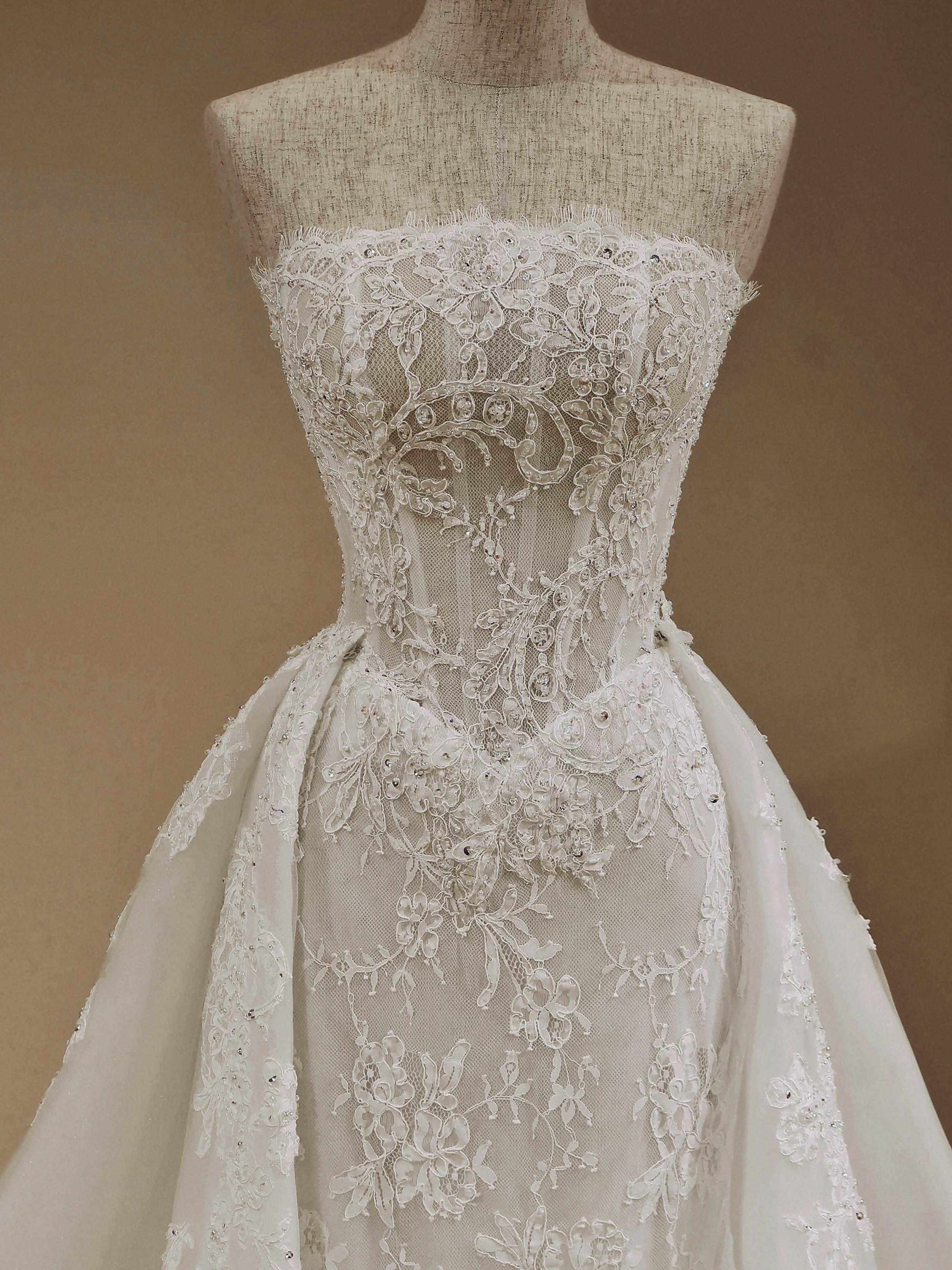A-Line Strapless Lace Corset Lace Up Back Wedding Dress With Oversized Tulle Skirt Overlay