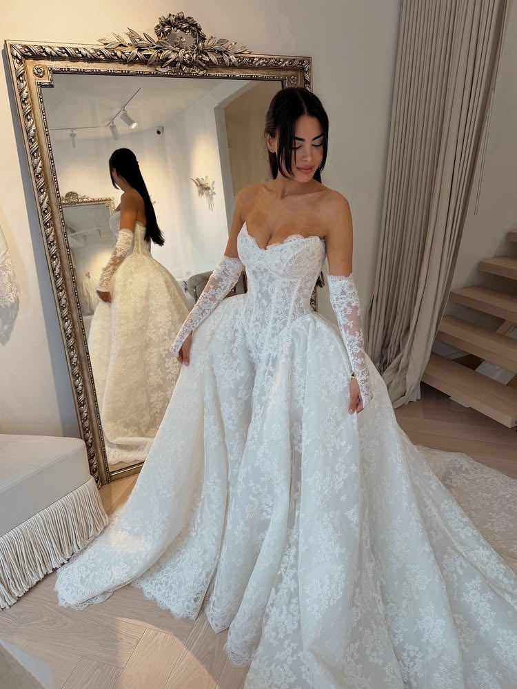 Sweetheart Neck Allover Lace Princess Bridal Gown With 3/4 Lace Sleeves