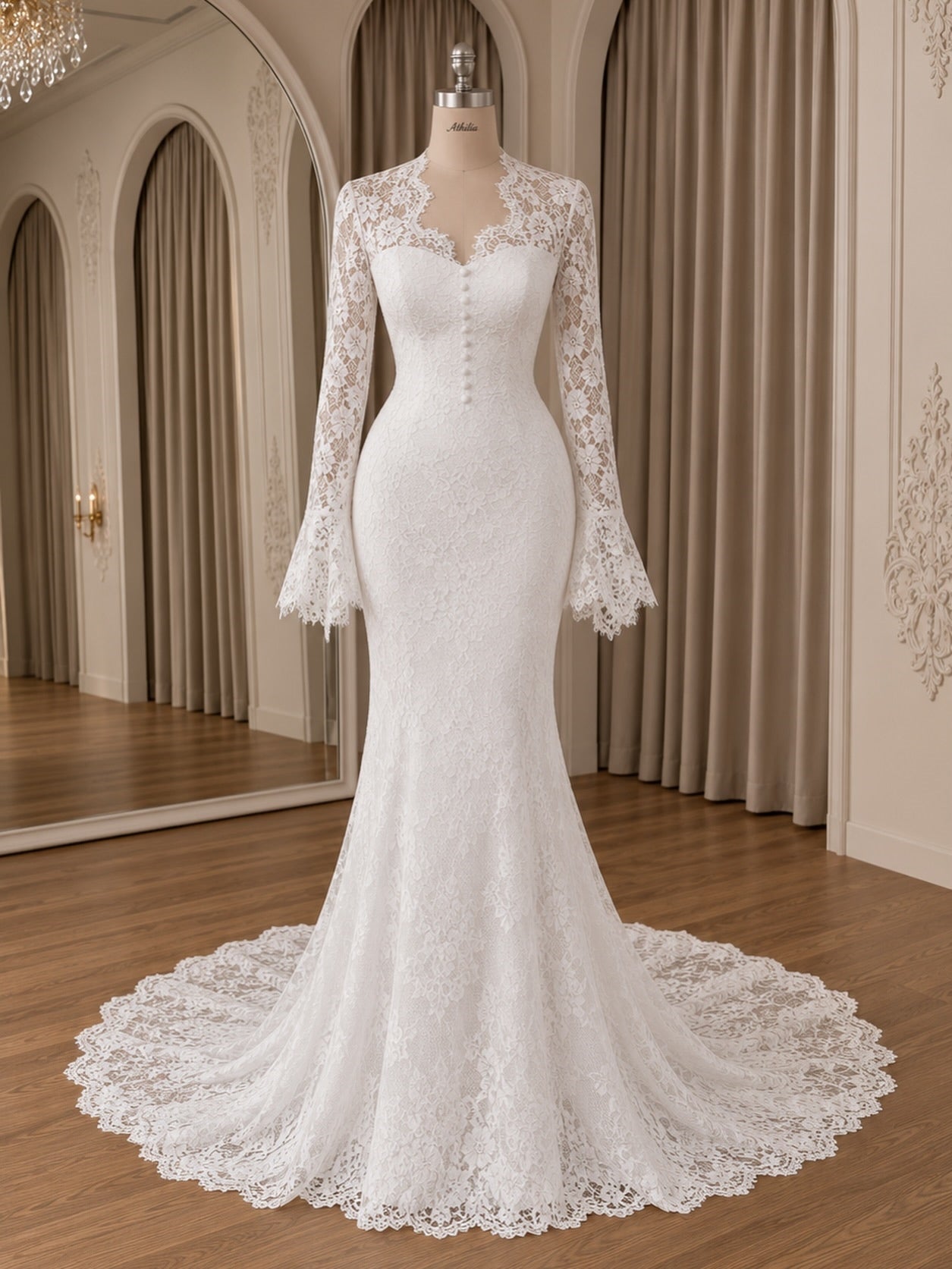 V-Neck Flare Long Sleeve Front Button Detail Full Lace Mermaid Wedding Dress