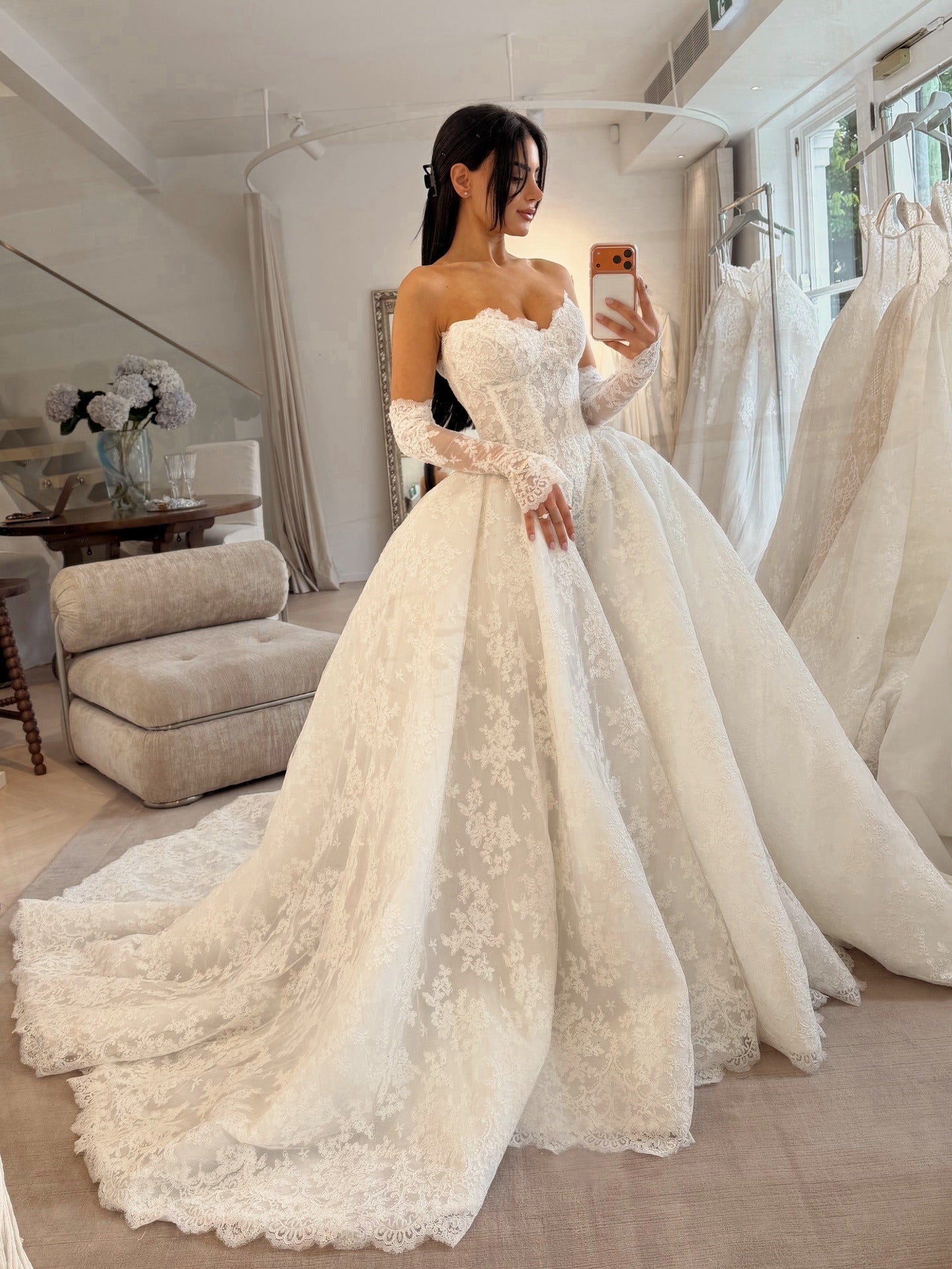 Sweetheart Neck Allover Lace Princess Bridal Gown With 3/4 Lace Sleeves