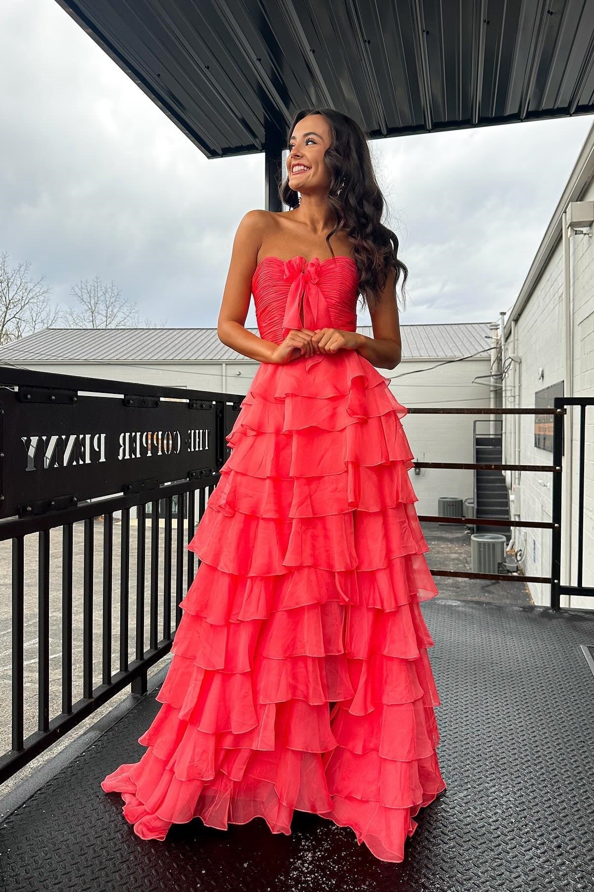 Cute A-Line Sweetheart Zipper Back Tiered Chiffon Prom Dress With Slit - View 14 | FashionDia