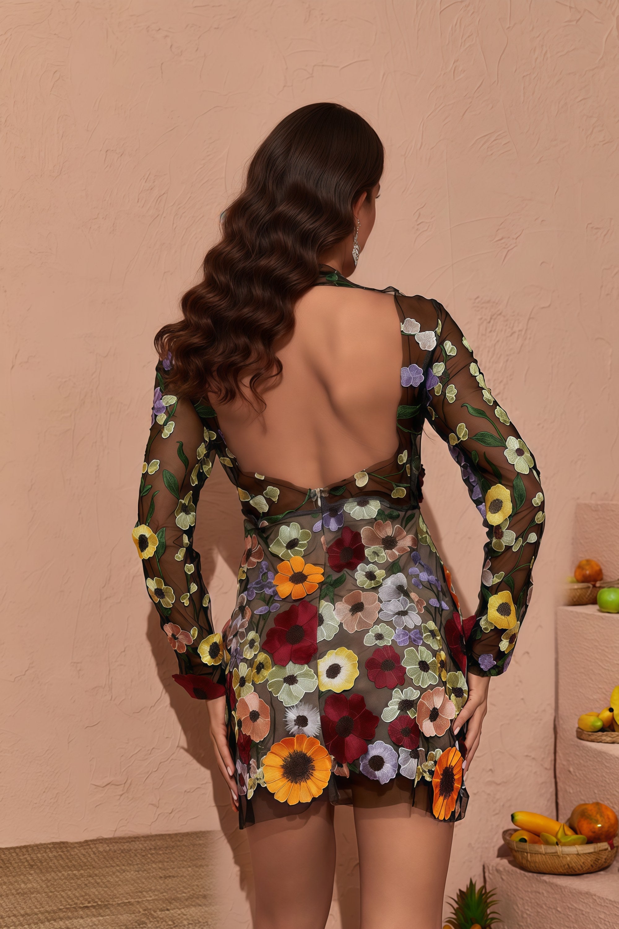 Mock Neck 3D Floral Applique Open Back Mesh Mini Dress