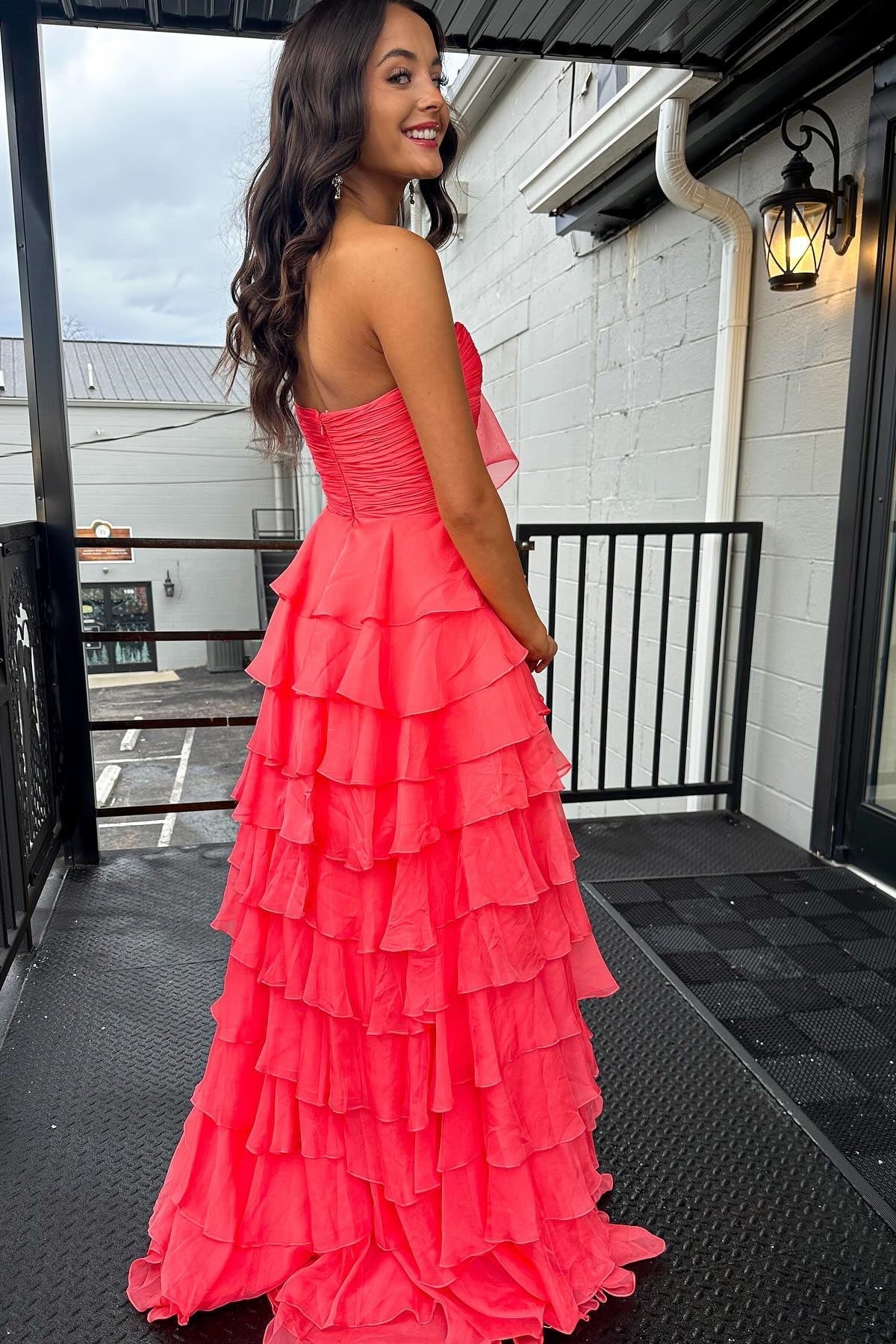 Cute A-Line Sweetheart Zipper Back Tiered Chiffon Prom Dress With Slit - View 13 | FashionDia