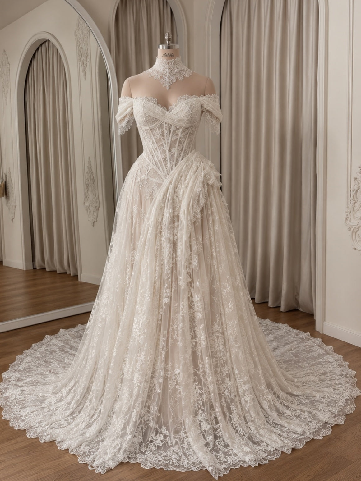 Luxury Lace Draped Tulle Ballgown Off Shoulder Wedding Gown With Scalloped Hem Train