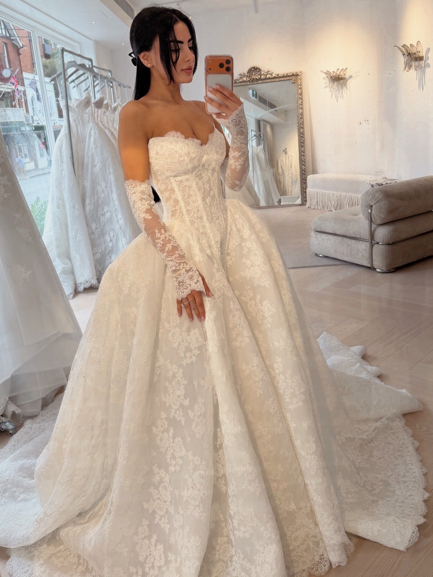 Sweetheart Neck Allover Lace Princess Bridal Gown With 3/4 Lace Sleeves