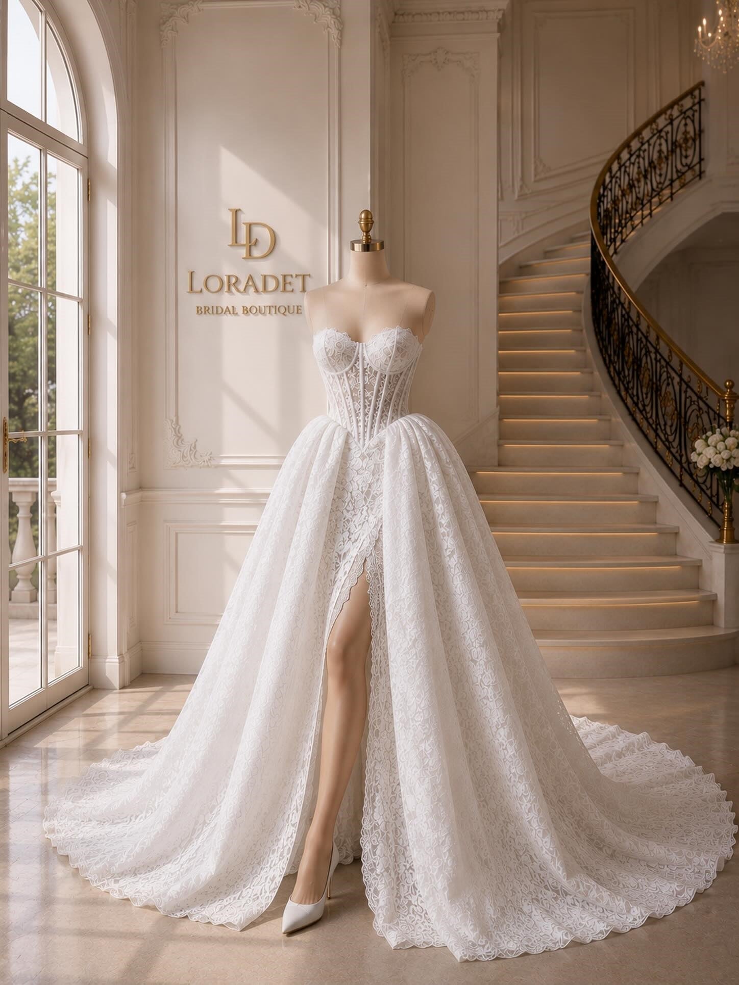 Sweetheart Sheer Lace Corset Luxury Wedding Dress With High Slit