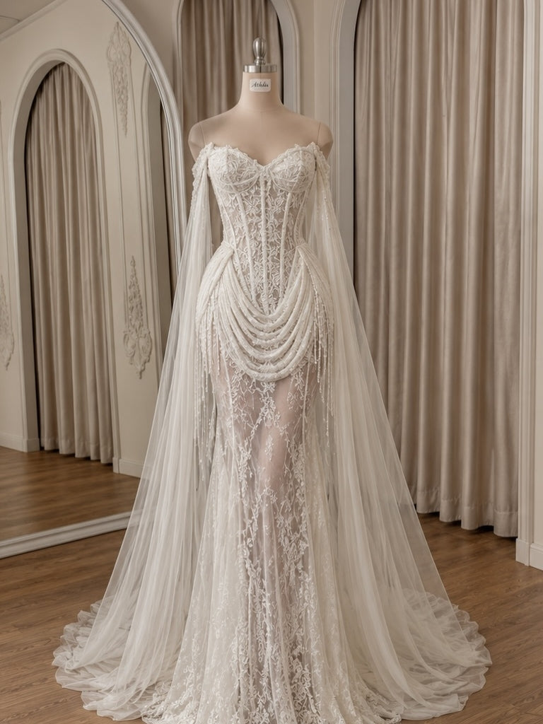 Romantic Transparent Lace Mermaid Wedding Gown Featuring Beaded Drape And Long Floating Tulle Cape Sleeves