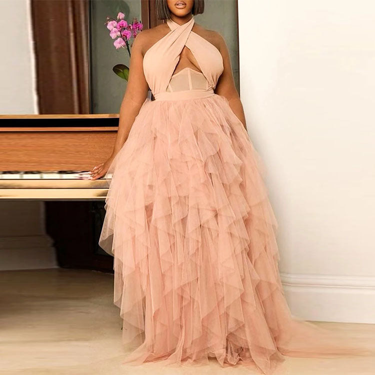 Plus Size Wedding Women Dress Evening Dress Pink Halter Dress Large Swing Tulle Dress - VelvetHem