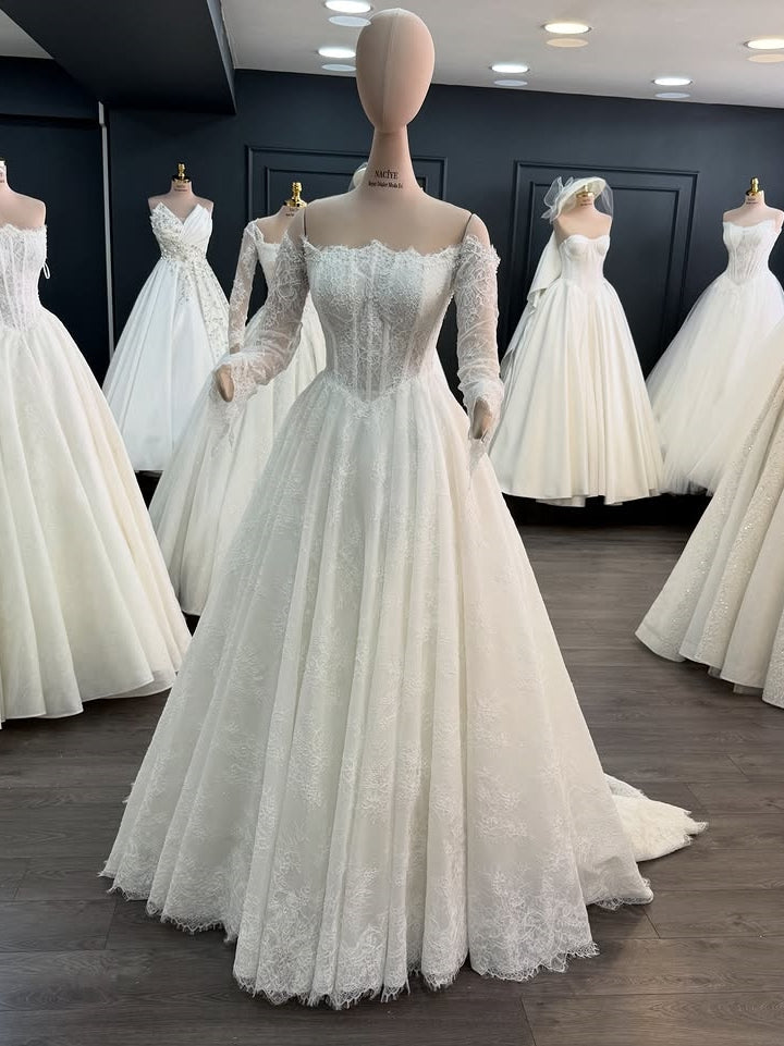 Romantic Long Sheer Sleeve Lace Corset Off Shoulder Ballgown Bridal Gown