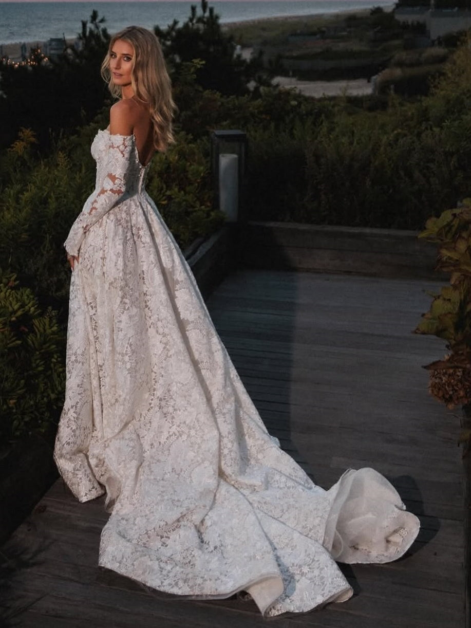 Off-Shoulder 3/4 Sleeve Full Lace A-Line Open Back Wedding Dress With Train