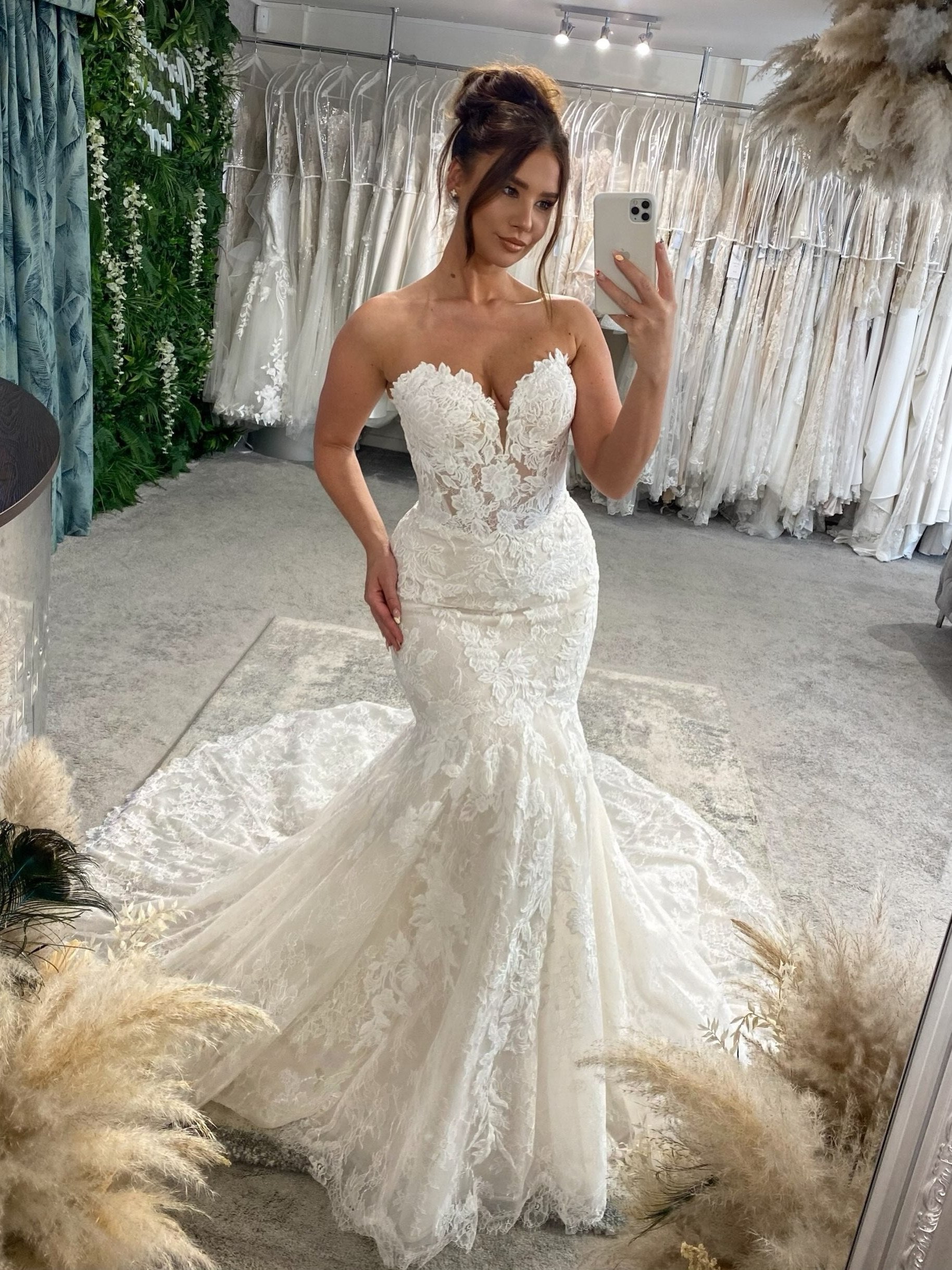 Sweetheart Lace Cover Button Mermaid Wedding Dress With Wide Lace Train