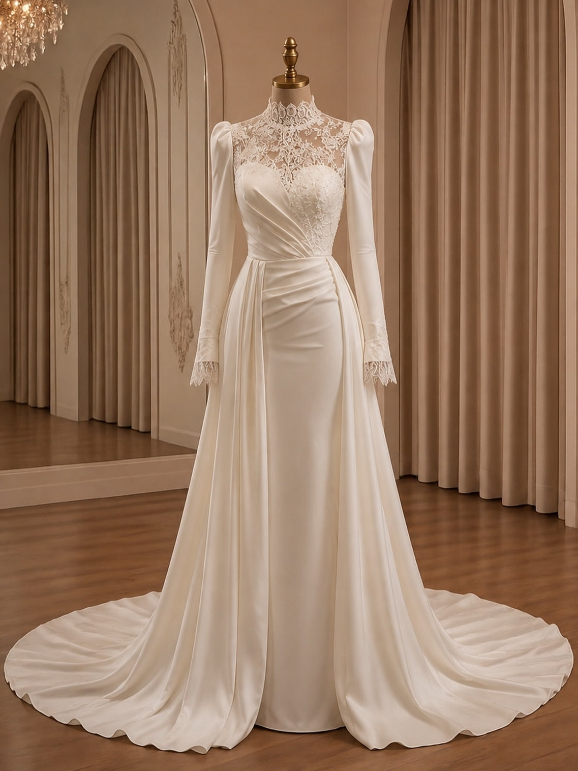 Lace Illusion High Neck Long Sleeves Waist Ruched Satin A-Line Wedding Gown