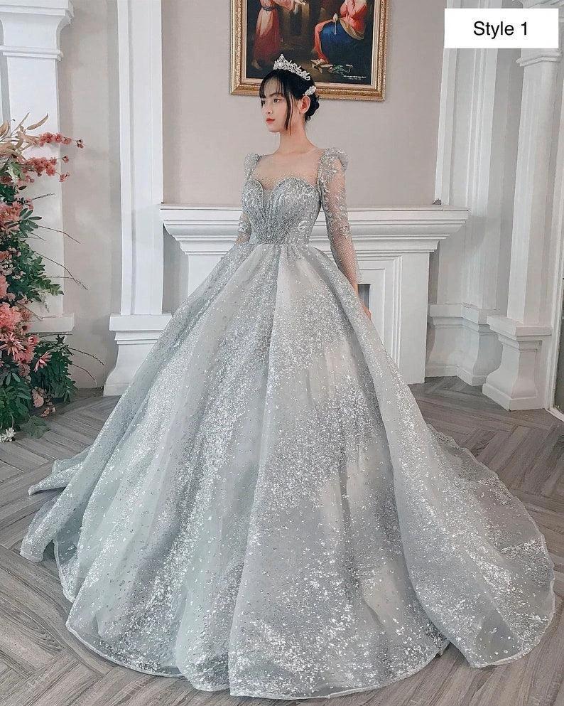 Modern Sparkly Silver Long Sleeves Wedding Dress With Glitter Tulle Y1158 by simplepromdress