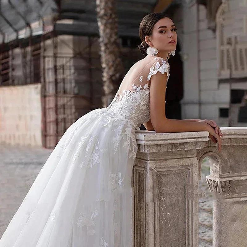 Mermaid Wedding Dresses Women Cap Sleeves Backless Lace Appliques Bridal Gown Detachable Train Vestidos De Novia (ZD13360)