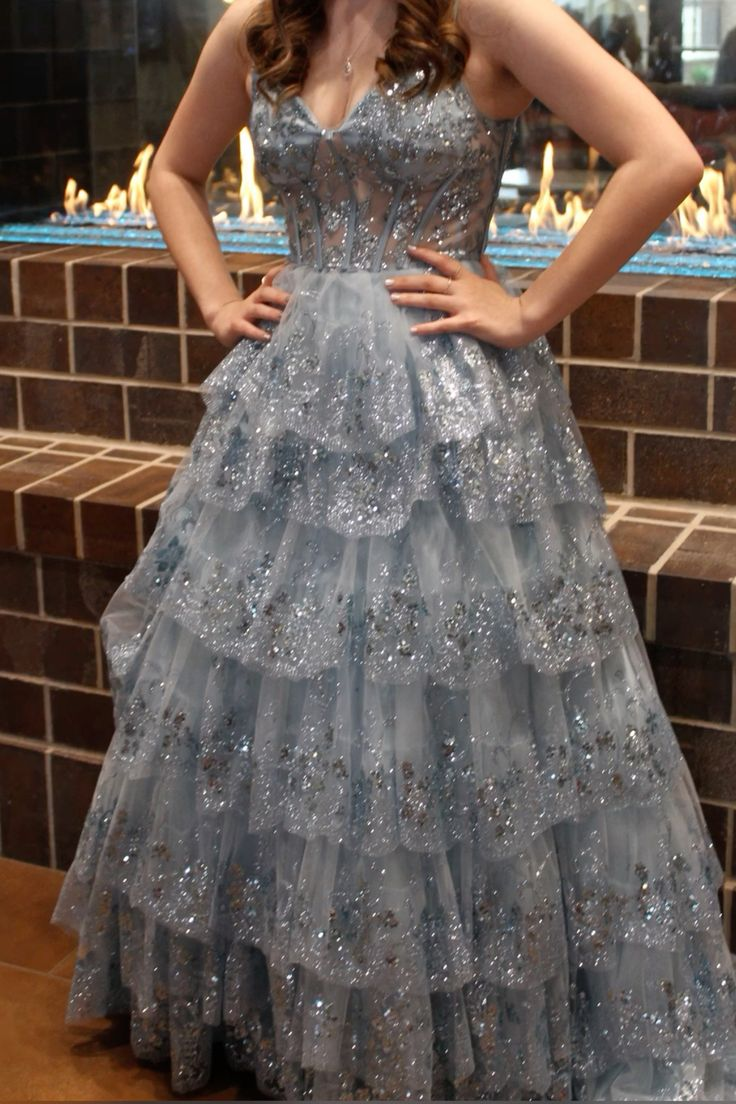 Glitter Blue Tulle Sequin Layered Ball Gown Long Birthday Party Dress