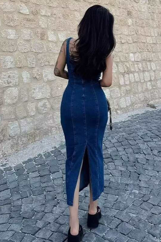 Strappy Zip Back Denim Dress - View 3 | VelvetHem