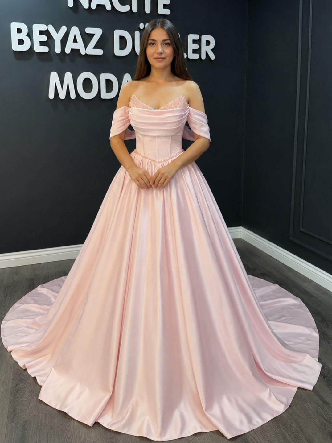 Pink Off the Shoulder Satin A-Line Bridal Wedding Gown