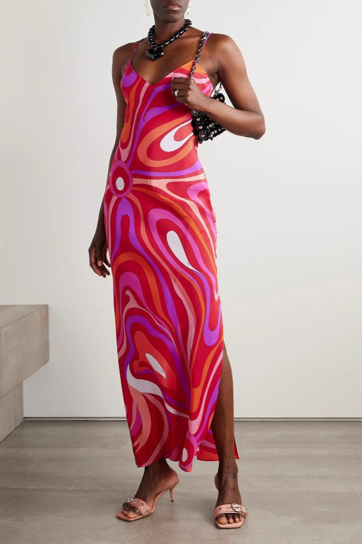 Printed Satin Cami Slit Silk Dress - View 6 | VelvetHem