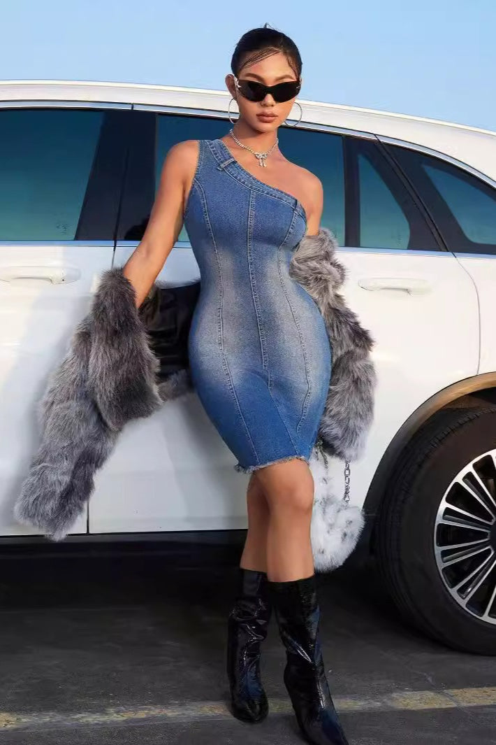 Bodycon Washed Denim Dress - View 3 | VelvetHem