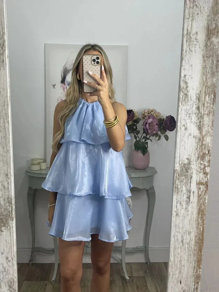 Simple Blue Organza Halter Layered Mini Prom Dress Homecoming Dress (ZD11332)
