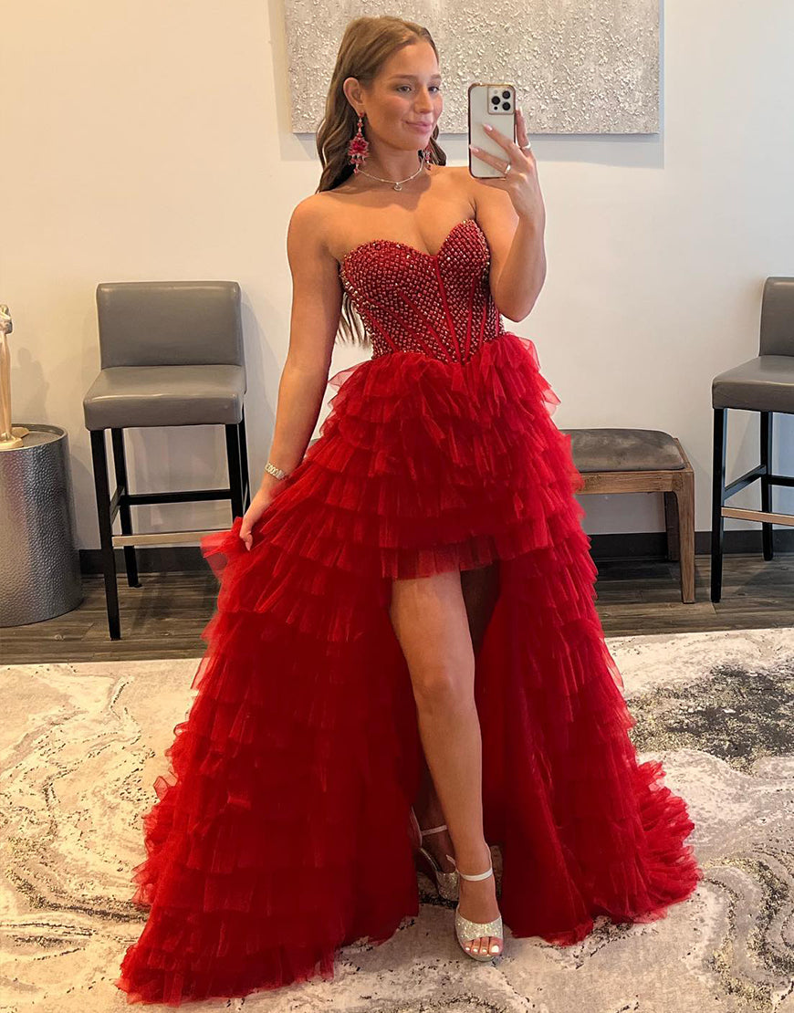 Sweetheart High-Low Tiered Long Prom Dress With Beading