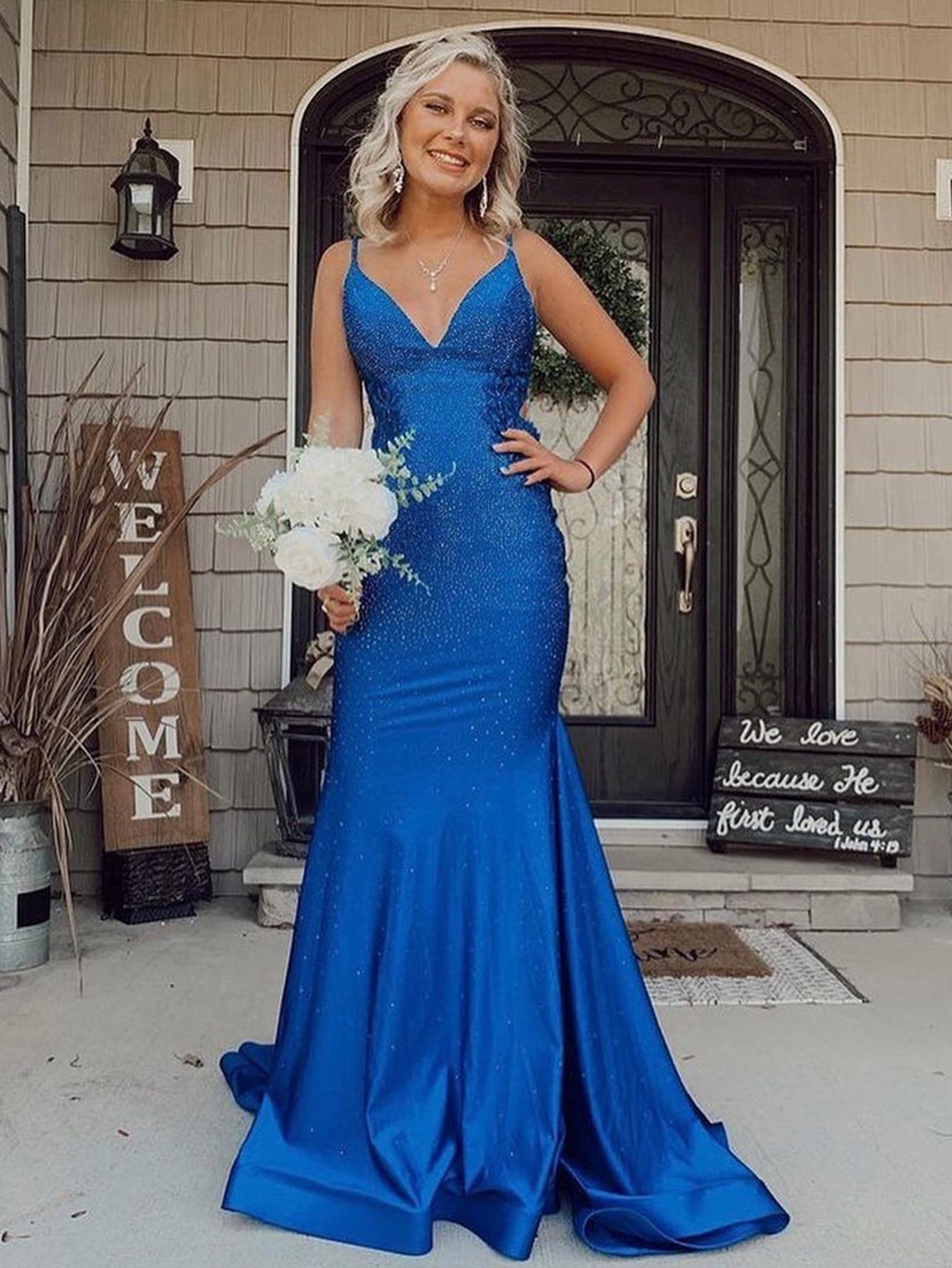 Sparkly Mermaid Royal Blue V Neck Long Prom Dress with Sequins - Fashionpara