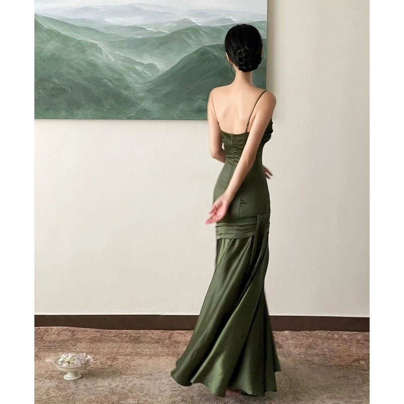Simple Sheath Spaghetti Straps Floor-Length Olive Green Long Party Dresses Birthday Outfits - View 4 | FashionDia