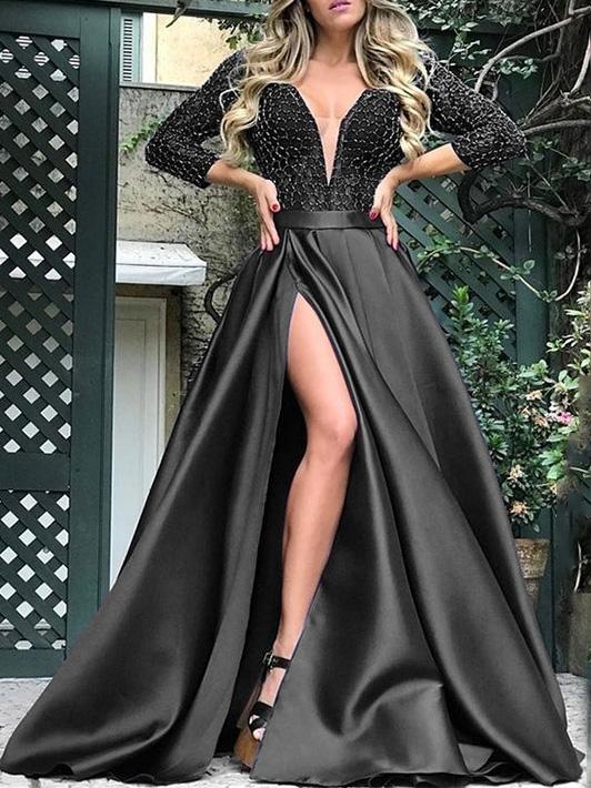 Women's Dresses Bronzing V-Neck Banquet Slit Evening Dress - View 3 | VelvetHem