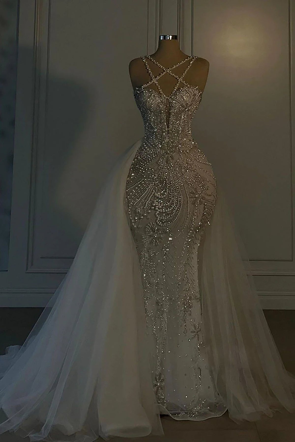 Heavy Mermaid Wedding Dress V-neck Spaghetti Strap Long With Beadings (ZD17406)