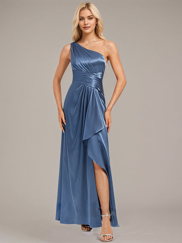Slate Blue A-Line One Shoulder Floor-Length Satin Bridesmaid Dress With Ruffle