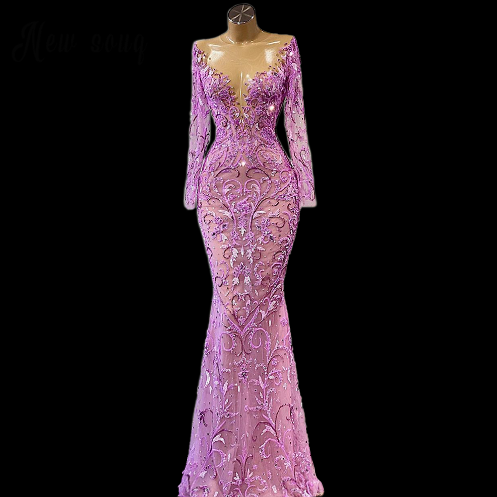 Long Sleeve Women's Evening Dress Purple Mermaid Evening Gowns Handmade Beaded Wedding Evening Dress