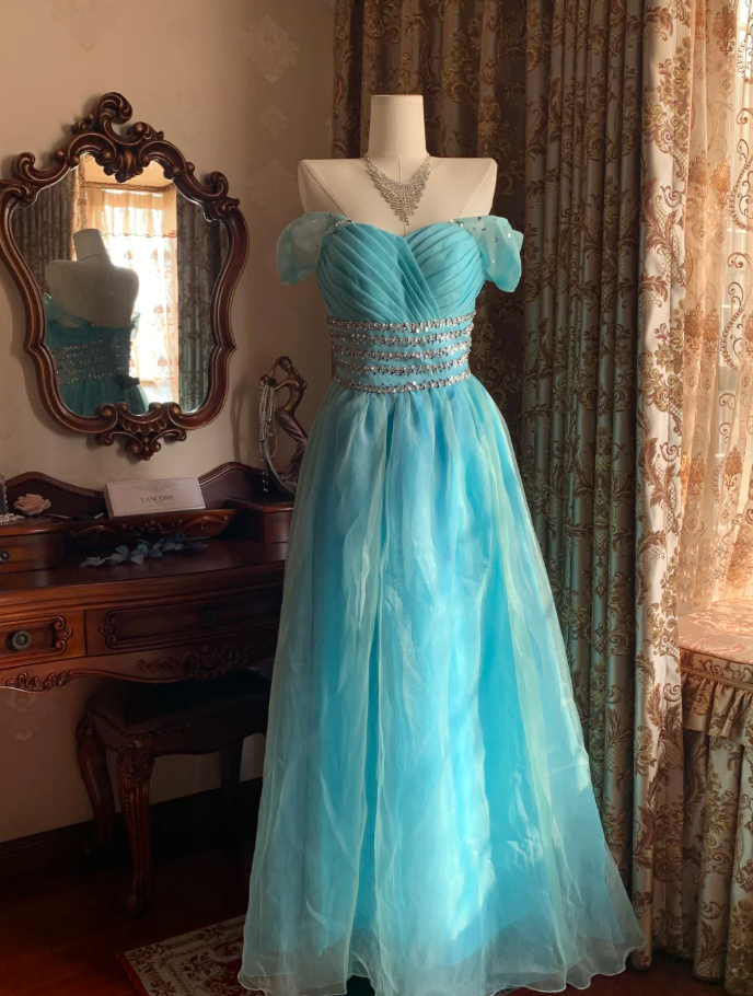 Cute Off The Shoulder Blue Tulle Beaded A Line Princess Party Dress Long Evening Gown
