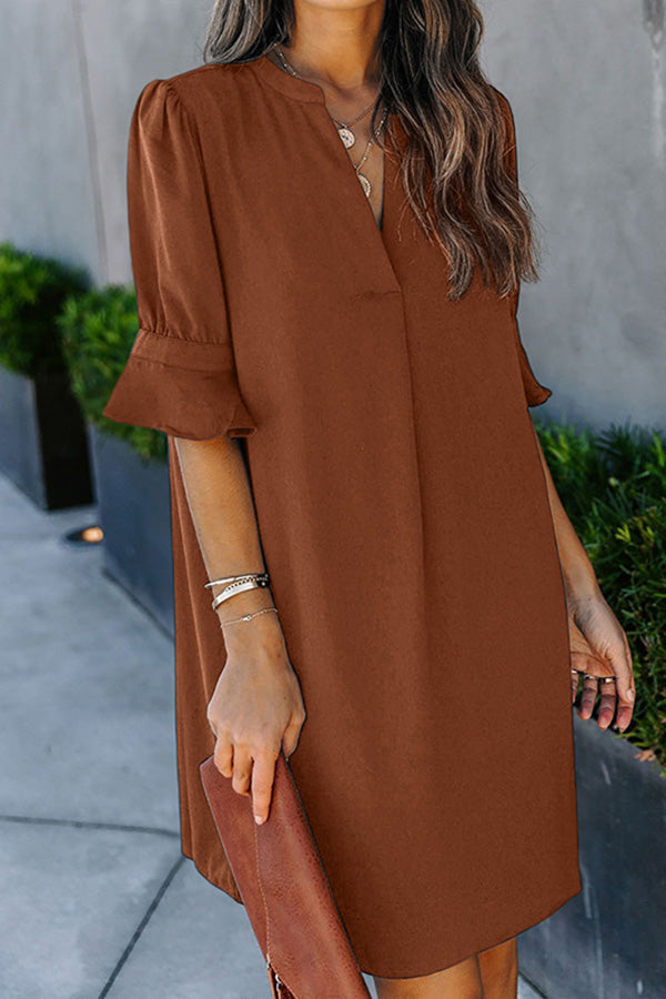 Solid Color Loose Casual V Neck Short Sleeve Knee Length Dress