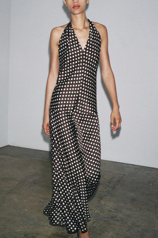 Polka Dot Halter Neck Maxi Dress - VelvetHem