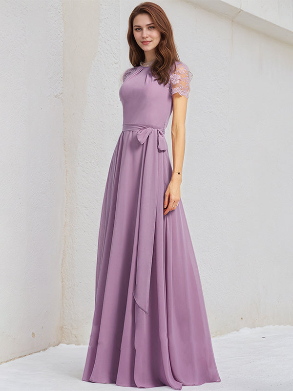 Wisteria A-Line Scoop Floor-Length Lace Chiffon Bridesmaid Dress