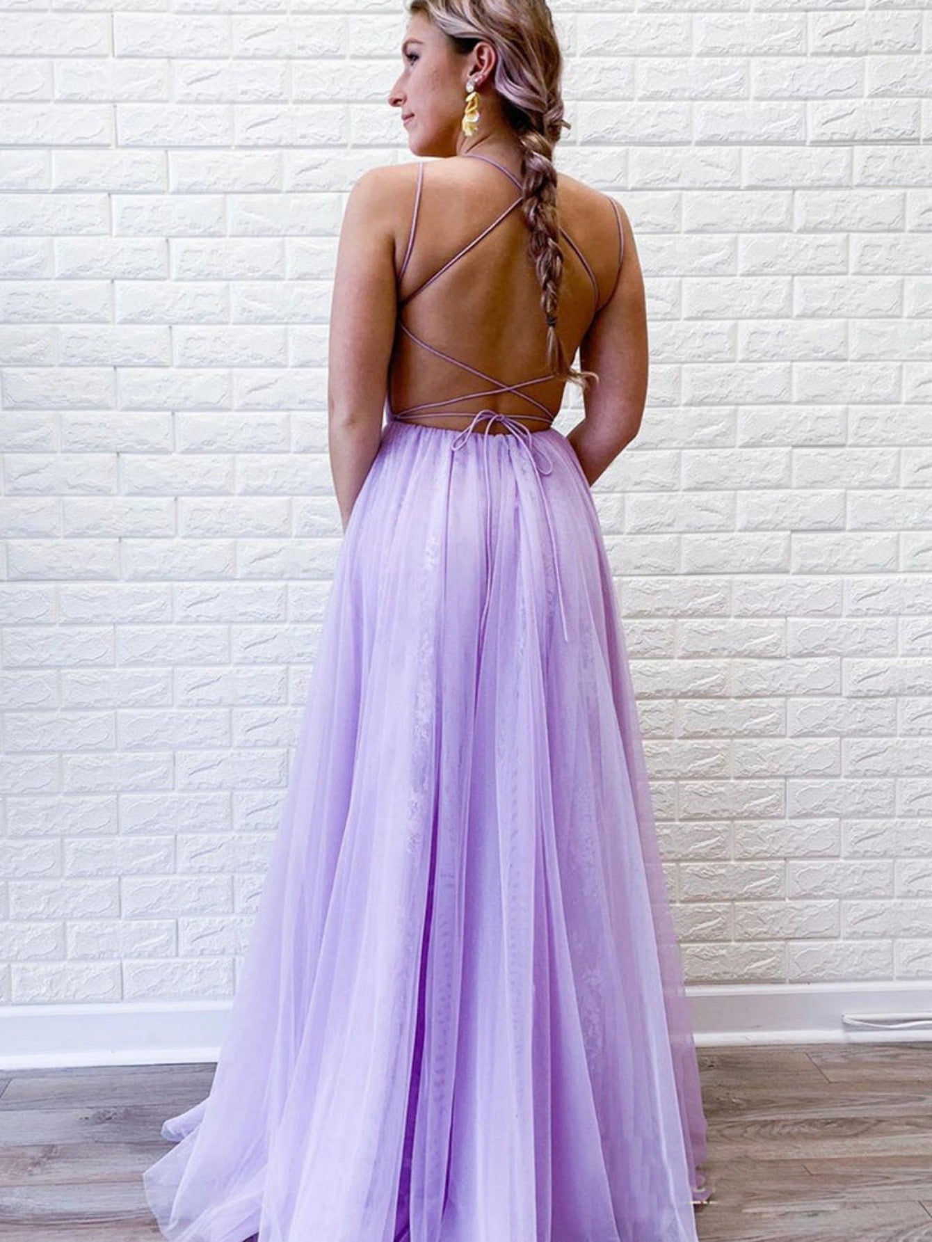 A Line Purple Backless Tulle Long Prom Dress - Fashionpara