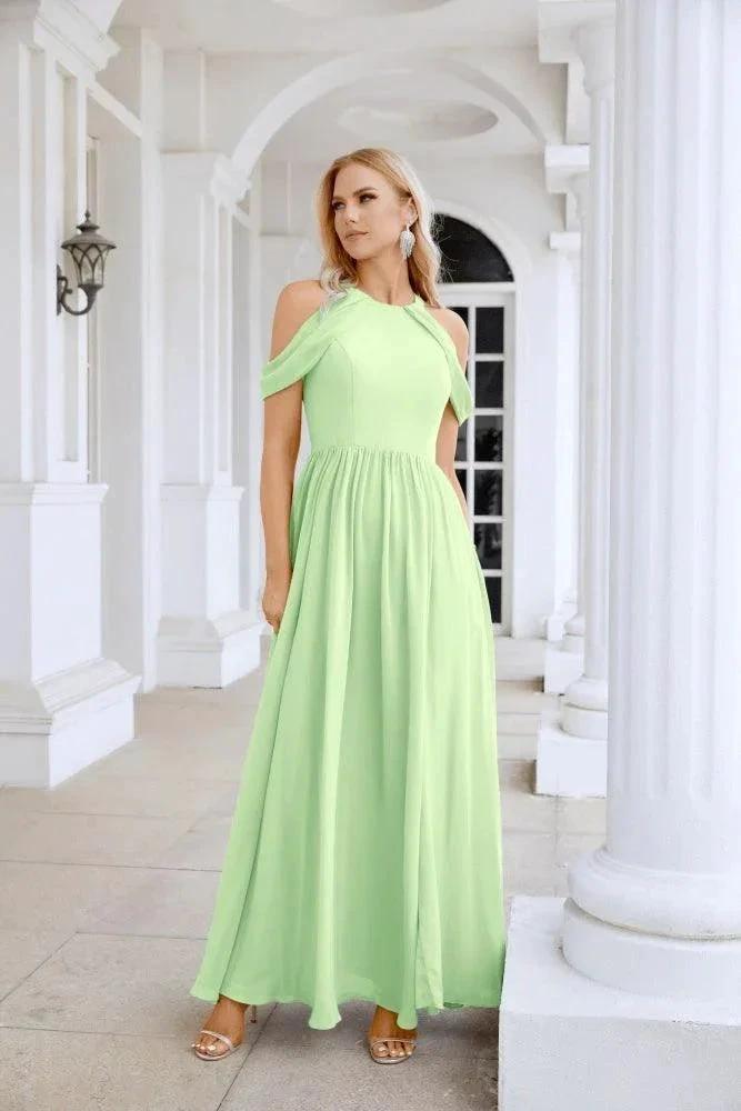 Ladies Chiffon Off Shoulder Swing Sleeve Front Slit Bridesmaid Evening Dress Wedding Party Evening Dress 28117 by numbersea