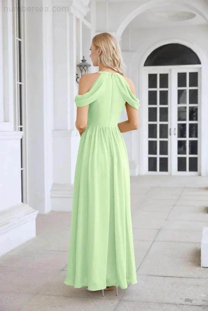 Ladies Chiffon Off Shoulder Swing Sleeve Front Slit Bridesmaid Evening Dress Wedding Party Evening Dress 28117 (ZD17011)