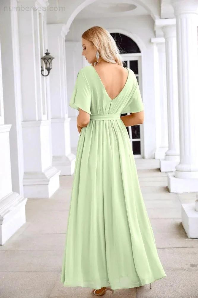 Ladies Chiffon Sleeve Crew Neck Front Slit Floor Length Bridesmaid Evening Dress Wedding Party Evening Dress 28124 (ZD17007)