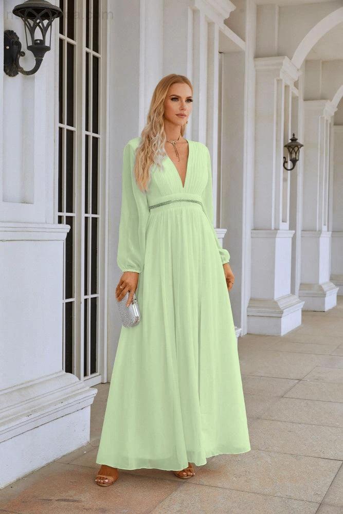 Ladies V Neck Chiffon Long Sleeve Front Slit Bridesmaid Evening Dress Wedding Party Shopping Evening Dress 28109 (ZD16991)