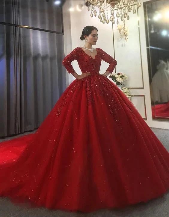 Red Tulle V-neck Long Sleeve Appliques Beading Wedding Dress Ball Gown Y53 by simplepromdress