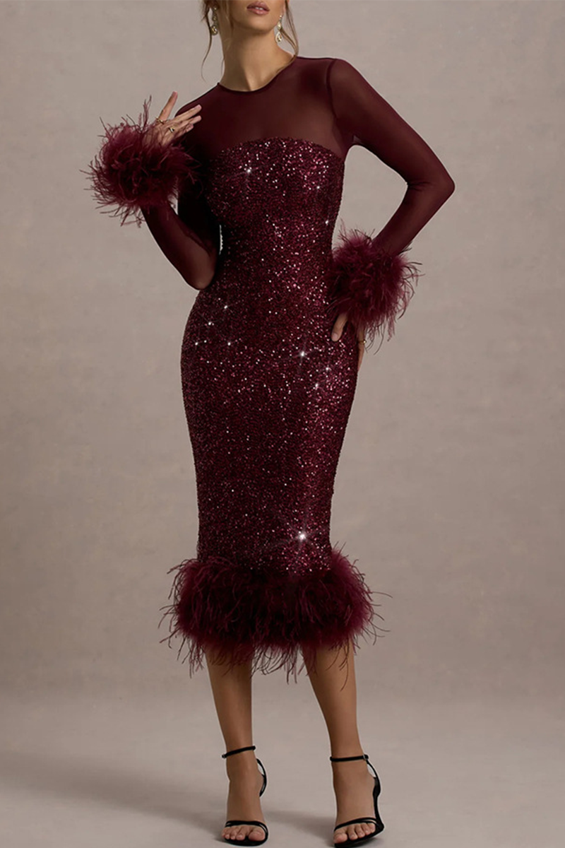 Sexy Party Sequins Feather Trim O Neck Evening Dresses - View 5 | VelvetHem