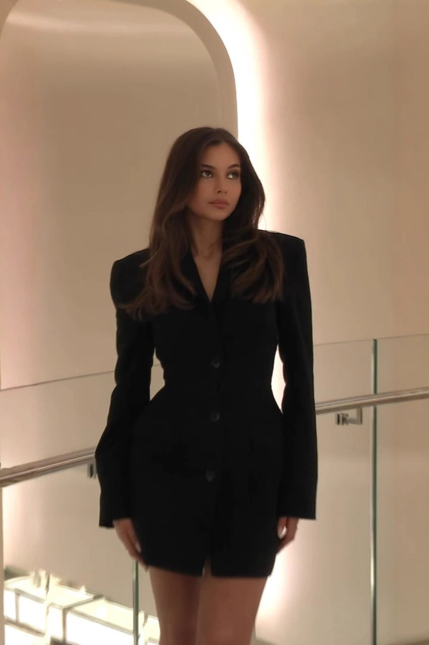 High-Waisted V-Neck Blazer Work Dress - View 3 | VelvetHem