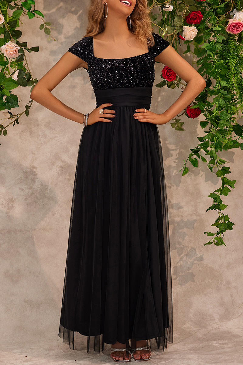 Sexy Prom Sequins Slit Mesh Square Neck Evening Dresses - VelvetHem