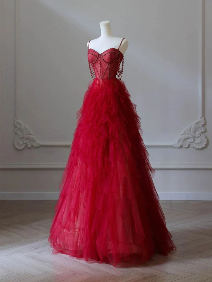 Charming Burgundy Sweetheart Neck Tulle Beads Long Prom Dress A Line Party Evening Gown