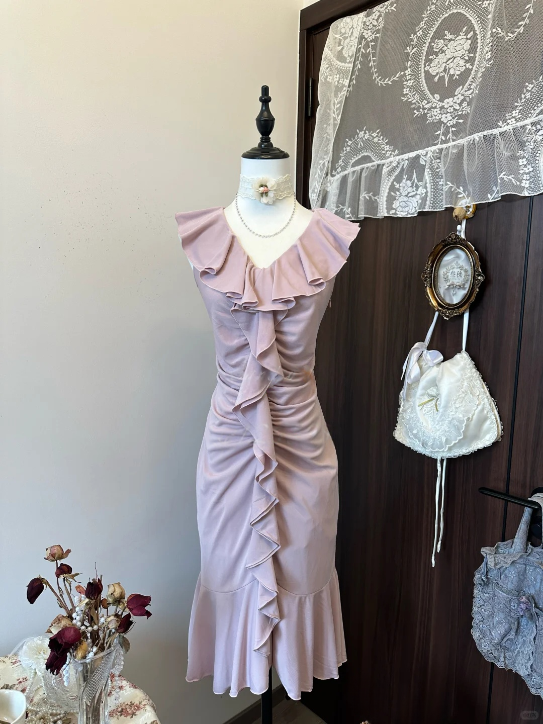A Line Pink Ruffle Formal Party Dress J8034