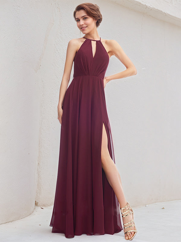 Mulberry A-Line Halter Floor-Length Chiffon Bridesmaid Dress